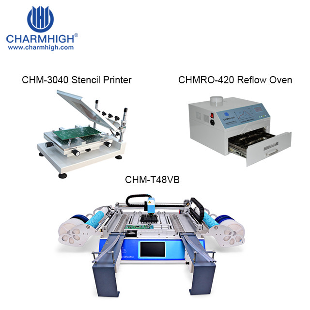 SMT Production Assembly Line: CHM-T48VB Mini Desktop  SMT P&P Machine +CHMRO-420 Reflow Oven +CHM-T3040Stencil Printer