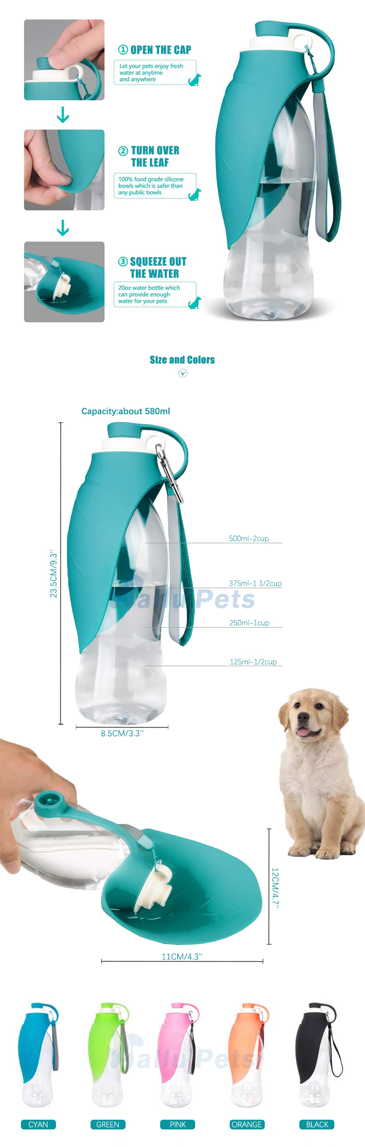 Foldable Leaf Shape 580ML Silicone Dog Water Bottle Leak Proof
