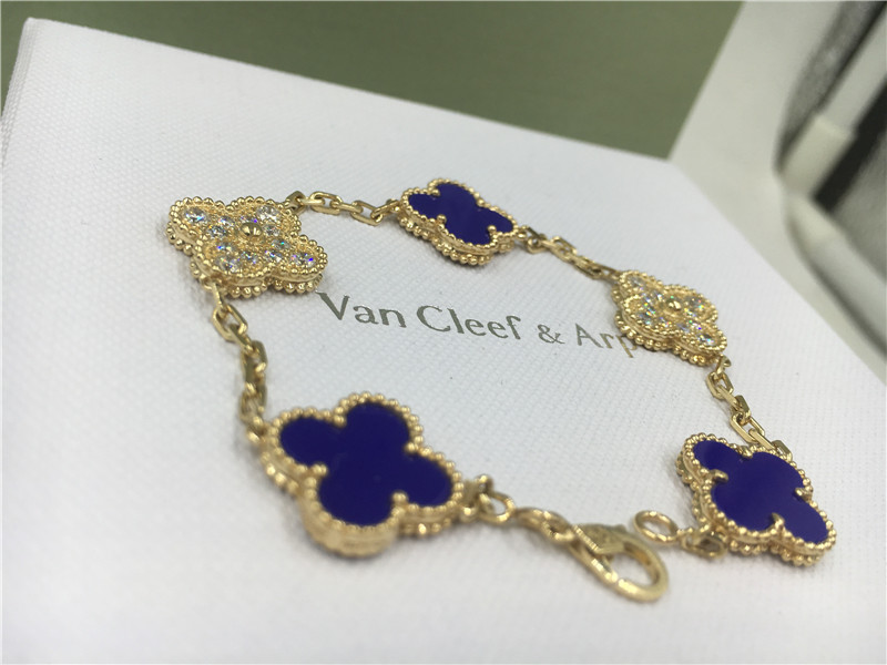 Quality Vintage Alhambra Bracelet Luxury Diamond Jewelry 5 Motifs Yellow Gold Blue Ceramic for sale