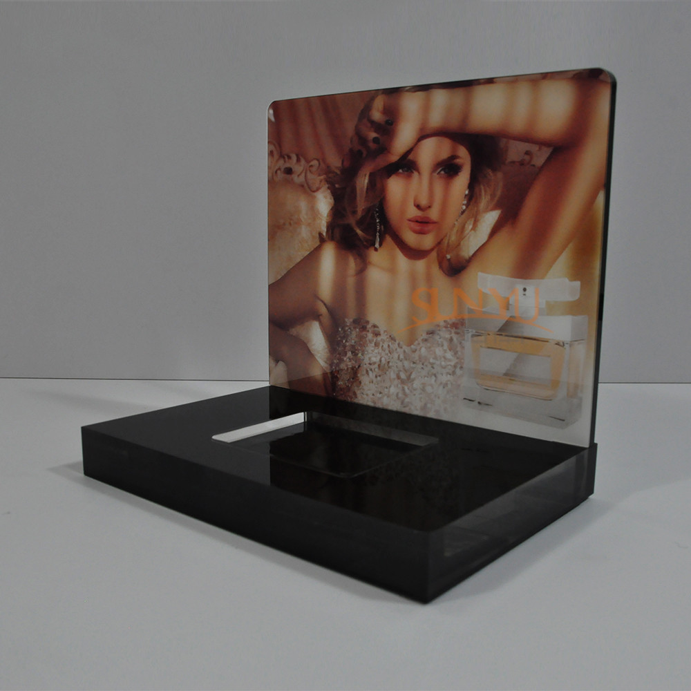 Quality CNC Cutting Perfume Acrylic Counter Display Black With Vivid Sticker for sale
