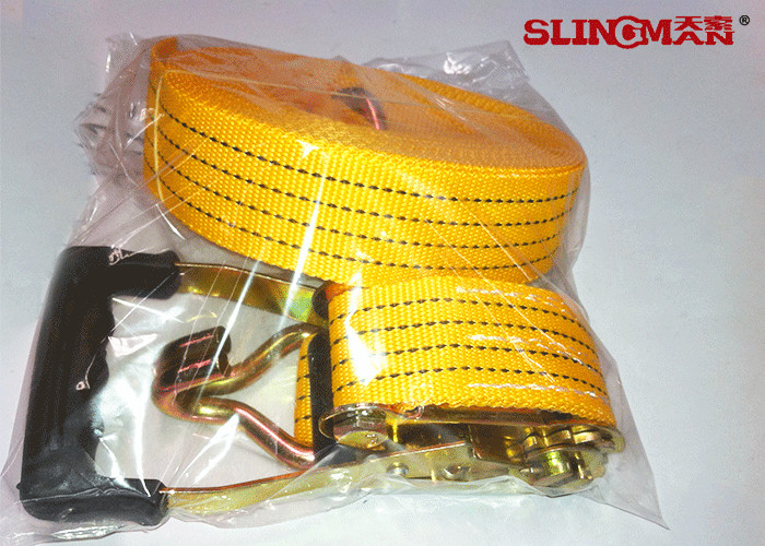 Buy 50MM Polyester Ratchet Tie Down Straps Yellow With Ratchet And Two Double J Hook at wholesale prices