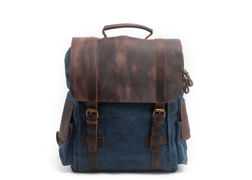 Buy CL-502 Deep Blue Canvas Bag with Leather Straps and Cover Backpack at wholesale prices