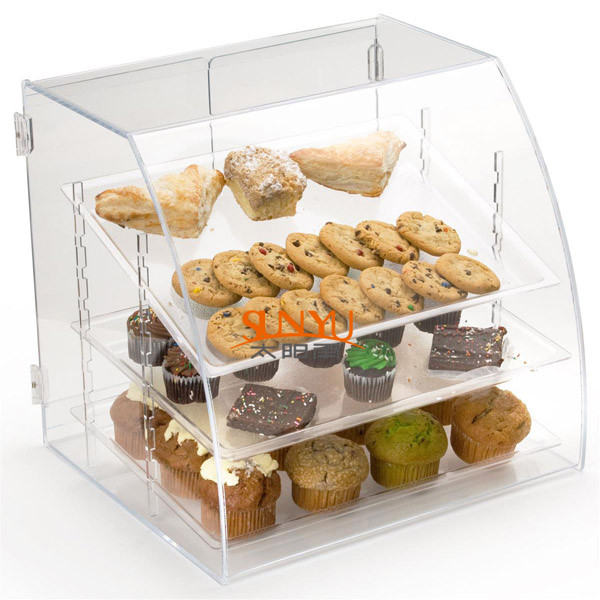 Quality Acrylic Food Display Case Irregular 300pcs with 3 Plastic Trays Curved Front for sale