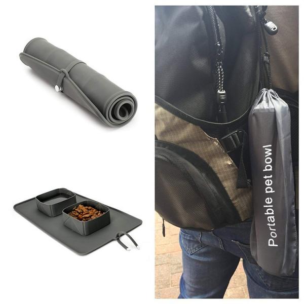 Pet Bowl Silicone Folding Pet Bowl Non-Slip Dog Double Bowl Flannel Bag Dog Bowl Outdoor Pet Portable Dog Bowl Food