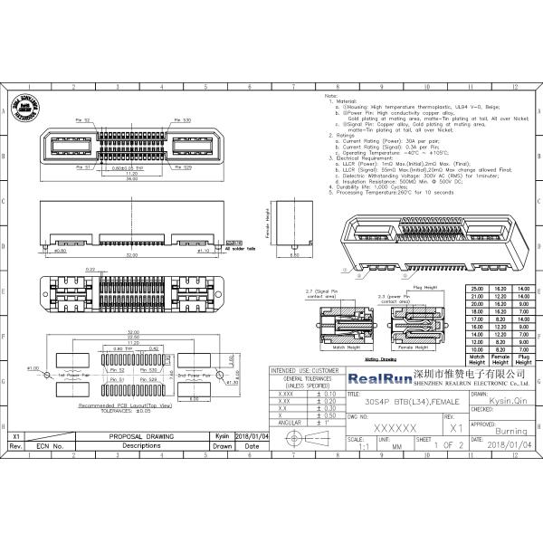Power Receptacle BTB Connector 1.27mm Pitch Connector Insulation Resistance 0.5AMP LCP