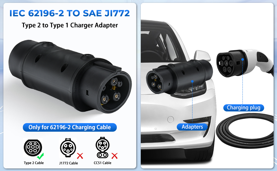 32A Type 2 To Type 1 EVSE Adapter 7kW IEC 62196-2 To SAE J1772 EV Converter