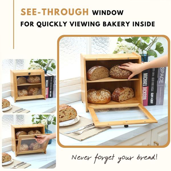 GLOSSY 2 Tier Large Transparent Window Food Storage Bamboo Bread Box Capacity 6-10L