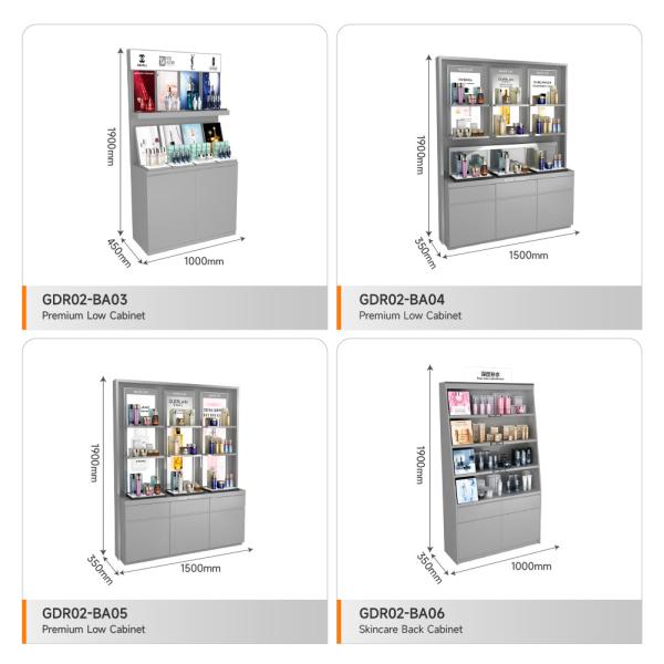 Beauty Display Showcase Grey Oil Board Pendant With Light Box On The Back Cabinet For Compact Shop Cabinet And Branded Display Stand