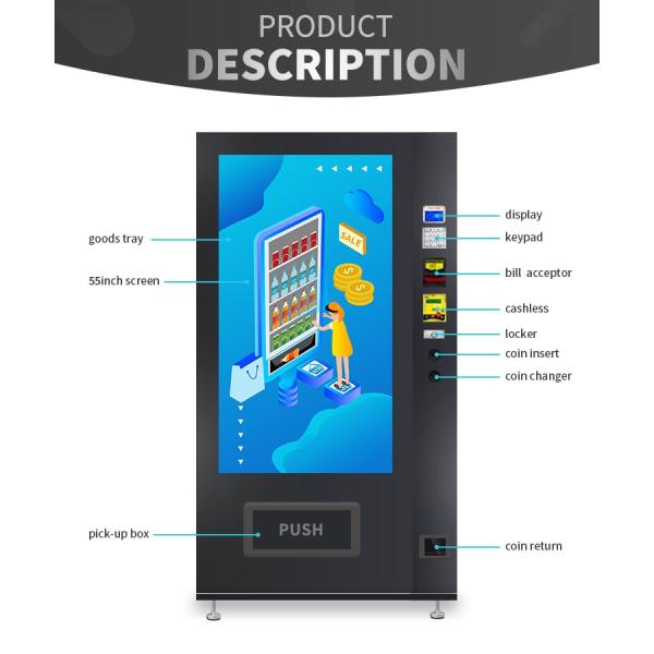Big Touchscreen Combo Snack And Soda Advertisement Sprial Cash Payment English Language Vending Machine For Euro Market