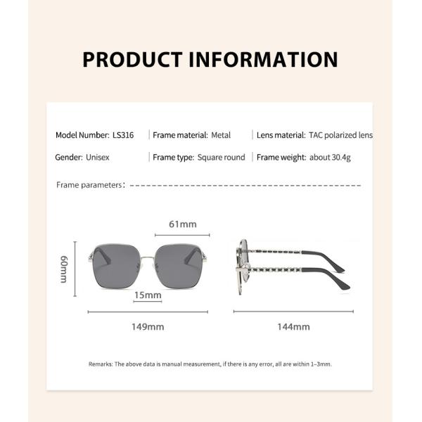144mm Women Polarized Sunglasses , Metal Rim Sunglasses Chain Mirror Legs