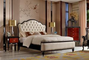 Quality Luxury furniture sets French Neoclassical Black Bright Solid Wood Furniture Leather Soft Packed Double Bed for sale