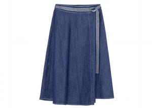 China Indigo Denim Ladies Skirt Dress Beltd High Waist Knee Length Skirt Wide Hem on sale