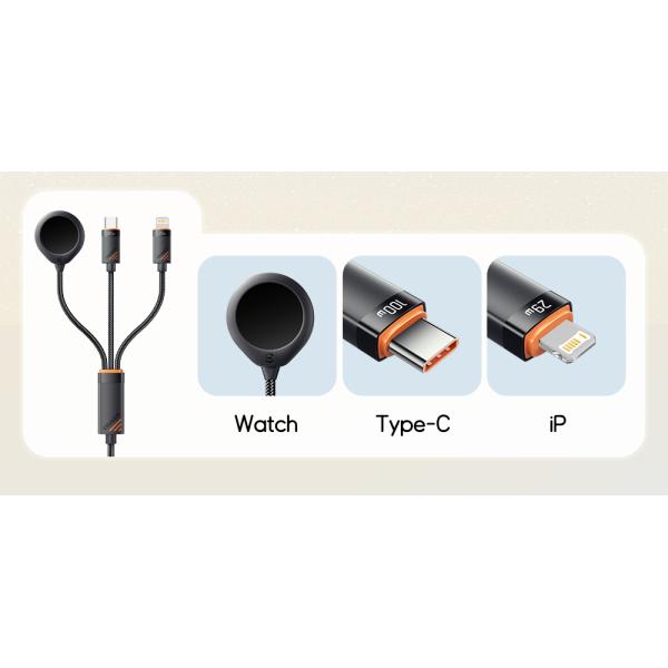 ESSAGER ES-X66 Series 100W USB C to USB C+L+Wireless Watch Charger 3 in 1 Cable
