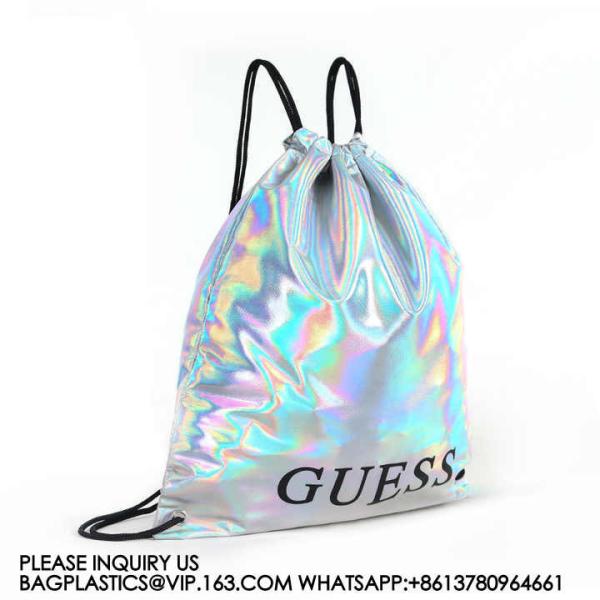 Metallic Backpack, Soft Iridescent PU Drawstring Backpack Silver PU Drawstring
