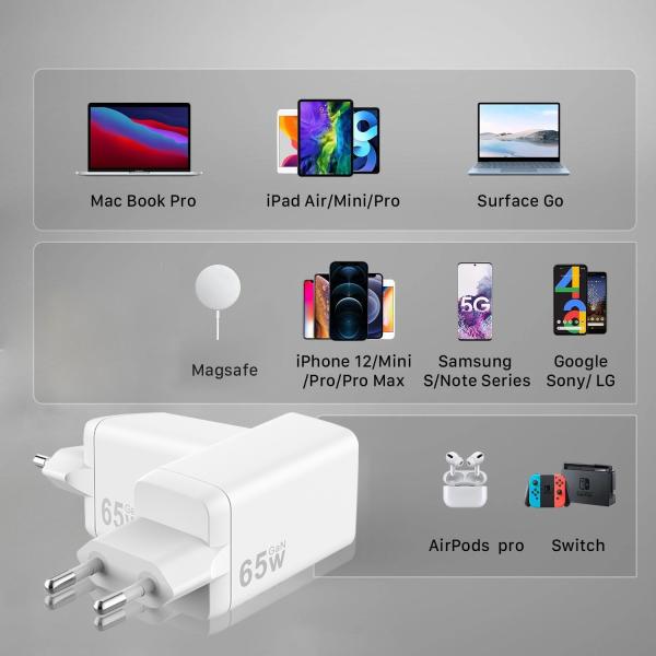 65W 3 Port USB C Wall Charger Fast Charging USB A GaN Adapter Customized Logo