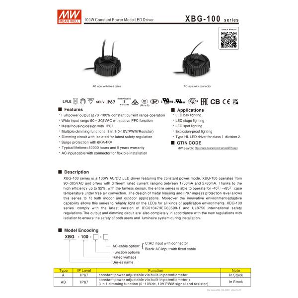 XBG-100 LED Driver 100W Constant Power 27-56V DC Output Voltage for LED Stage Spot Bay Lighting