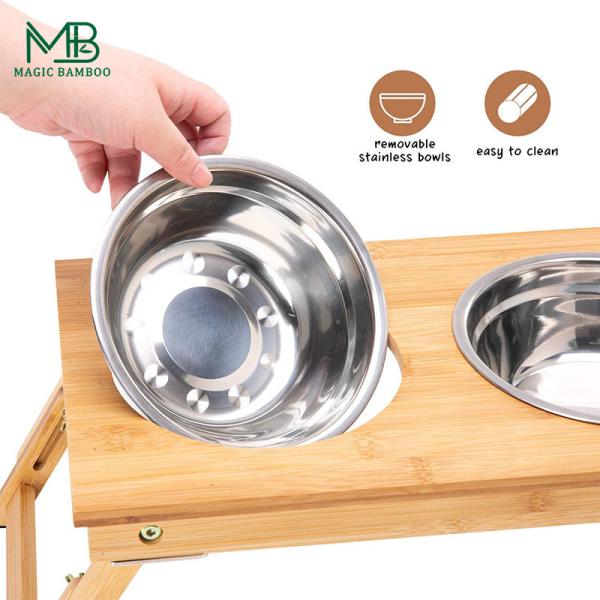 Bamboo Foldable Pet Feeder Non-Slip Two Bowls