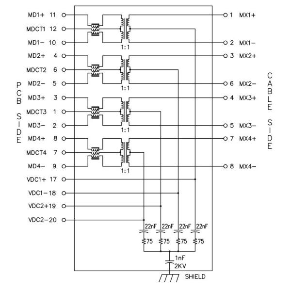 1000BASE-T 1X1 Port Tab UP PoE RJ45 MagJack With LED JK0-0229NL