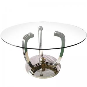 China Tempered Glass Top Round Dining Table With 201 Stainless Steel Silver Base on sale
