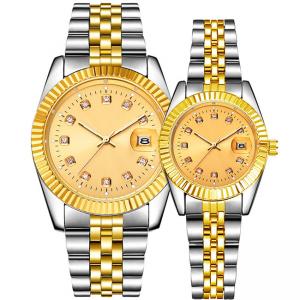 China Round 3ATM Quartz Couple Watches OEM Two Tone Gold Watch Date Function on sale