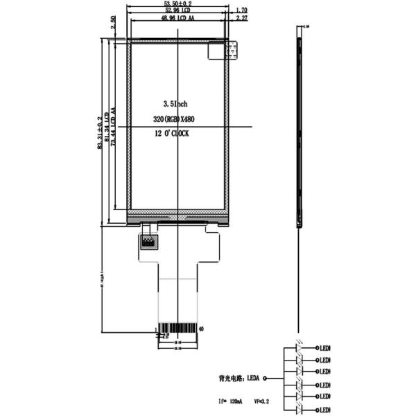 40 Pin Touch Display 3.5 Inch 320x480 Display 350 Brightness Driver IC ILI9488