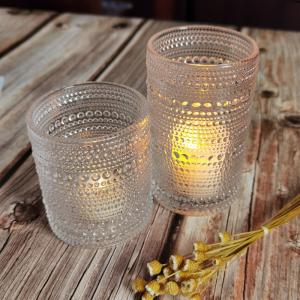 China Customized Embossed Beads Strings Glass Votive Candle Holders ,  Glass Cylinder Candle Holders on sale