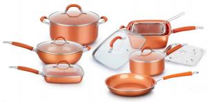 China FDA approved copper Titanium ceramic coating 5pc aluminum cookware set stainless steel handles on sale