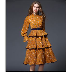 Quality fashion polyester print layered skirt fringed dress medium style for sale