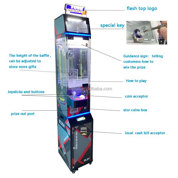 Playfun Coin Operated Toys Candy World Mini Claw Game Machine with Cash Bill Acceptor accept Customize