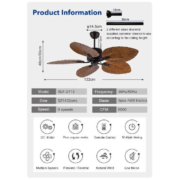 Household 52 Inch Palm Leaf ABS 5 Blades DC Motor Modern Home Decor Mute Bldc Remote Control Ceiling Fan