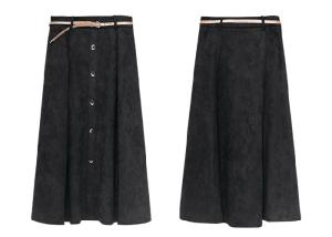 Quality Black Wide Hem Ladies Dress Skirt Suede Skirt Calf Length With Belt for sale