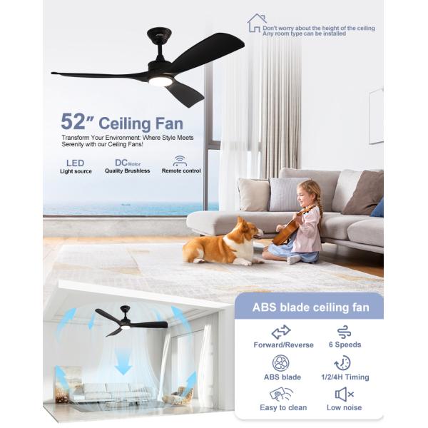 52 Inch 2-in-1 DC Motor Ceiling Fan with Light Option and Remote Control 6 Speeds 3 Blades