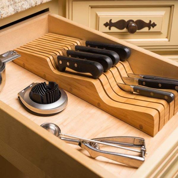 Sustainable 15 Slot Bamboo Knife Holder for In-drawer Kitchen Accessories 43X13.3X5cm