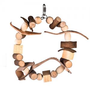 China natural wooden bird toys block ring with chewing beads and leather for conure on sale
