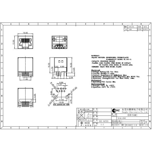 PHC Single Port Low Profile Rj45 Connector 8P8C Gold Plated G / F