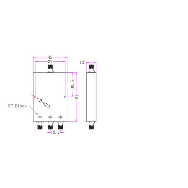 Outline drawing of LT-PD-3S-011018 3-Way Power Divider with dimensions 61x42x12 mm