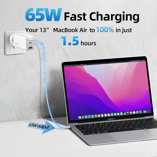 65W 3 Port USB C Wall Charger Fast Charging USB A GaN Adapter Customized Logo
