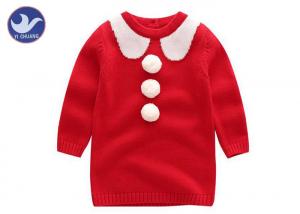 Quality Jaquard Collar Girls Knitted Dress , Girls Red Jumper Dress With Fluffy Ball Decoration for sale