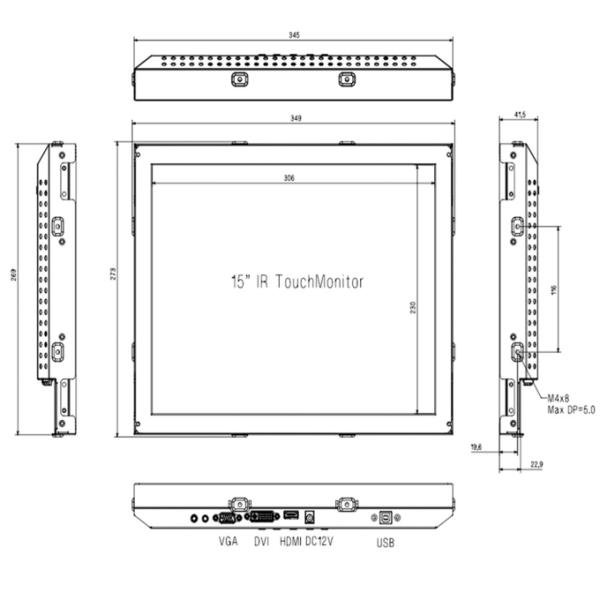 Industrial Embedded Infrared Touch Monitor Screen Fit IP65 Waterproof 15 Inch