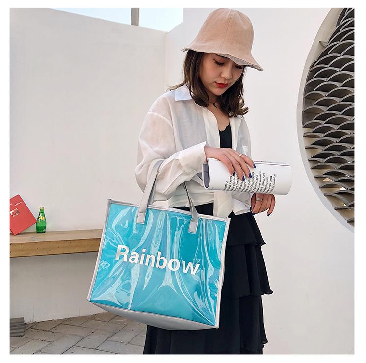 Handle Zipper Lock Cosmetic Pvc Bag With k, beach Bag Chain handle Handbag beach tote bag, jelly tote bag candy ha