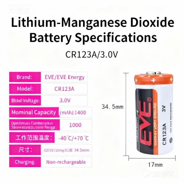 CR123A 3V Lithium Manganese Dioxide Battery with 1.4AH Capacity, High Current Pulse Discharge, and Wide Operating Temperature Range (-40°C to +70°C)