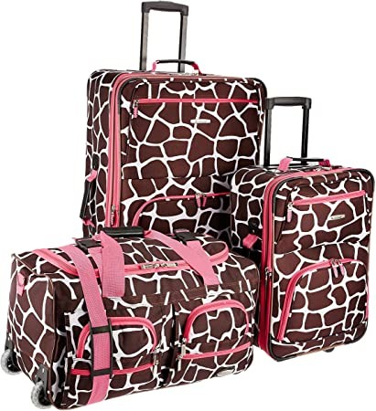 Softside travelling 3Piece Pink Giraffe Spinner Suitcase Set Expandable