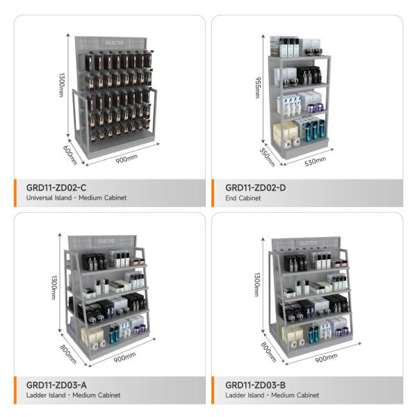 Retail Display Shelf Grey Wooden Island Cabinet For Multi-Functional Store Shelf And Luxury Store Design