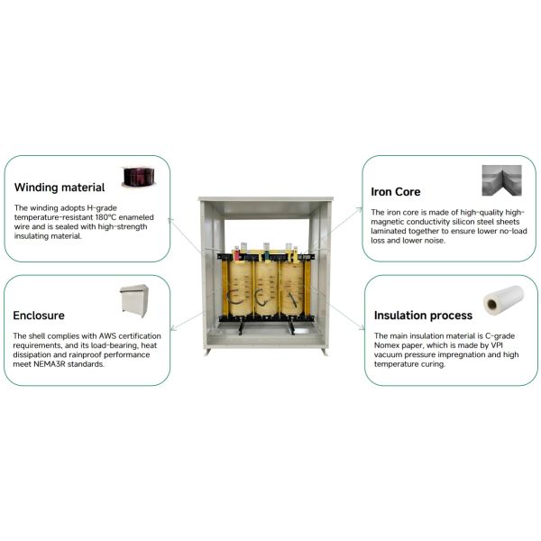 45kva Three Phase Dry Type Transformer Distribution Low Voltage Multi-Tap 400v To 208v Mechanical Terminals Nema 3r Electrical Enclosure