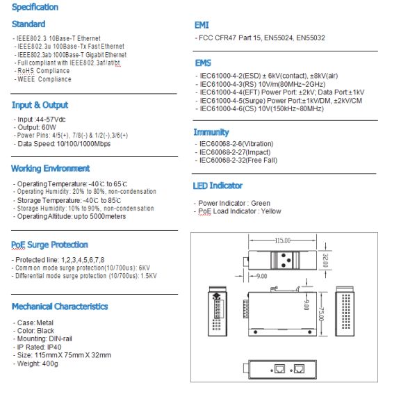 Procet 5G Industrial Fiber PoE Injector Output 44-57Vdc With Waterproof Case