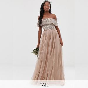 Quality Tall Bridesmaid bardot maxi tulle dress with tonal delicate sequins in taupe blush for sale