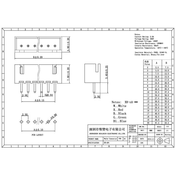 High Temperature Resistance XH Wafer Connector 2.54 Mm 4P PA46 For Wire To Board