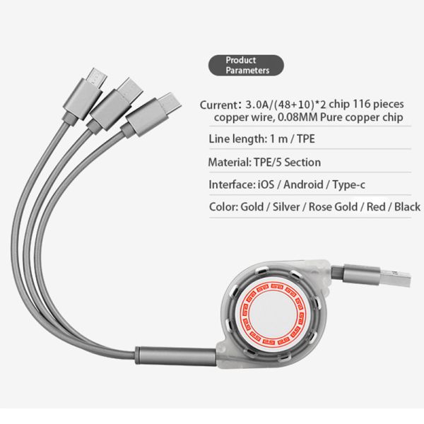 3 In 1 Extendable USB 2.0 Charging Cable For Iphone Micro Type C