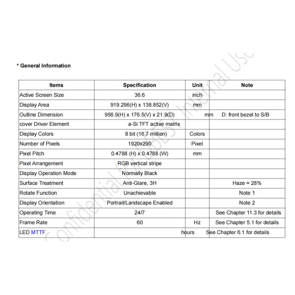 36.6Inch Stretched Bar Lcd Display 1920 X 290 Tft Lcd Displays 1000nits JB366MTG For Vehicle