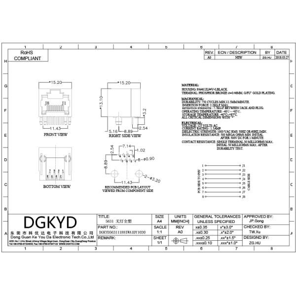 DGKYD56311188IWA1DY1030 RJ45 Port Connector Single Port All Plastic Lightless 8P8C